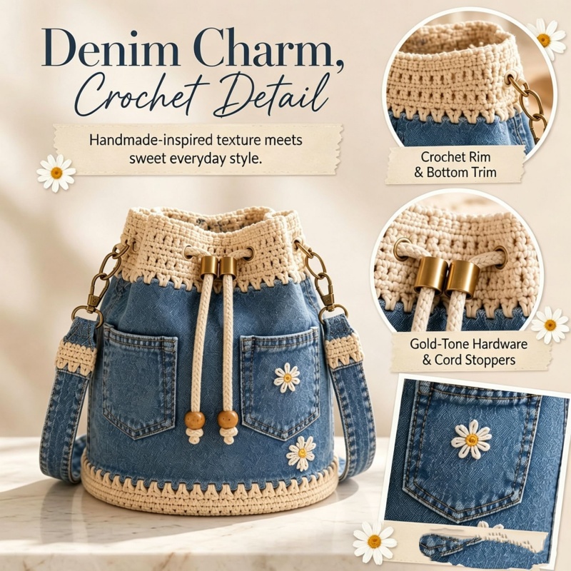Crochet Market Bag - Tas Selempang Rajut Denim Buatan Tangan,