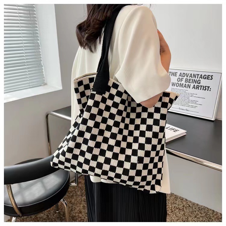 Tas Tote Wol Kotak-kotak Kapas - Women Bags Designer Sale ulasan dan harga